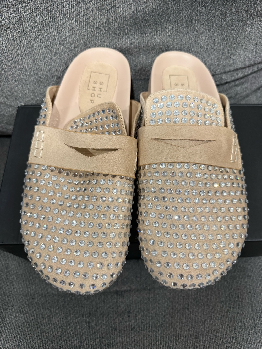 ShuShop Nude Crystal-Studded Backless Penny Mules